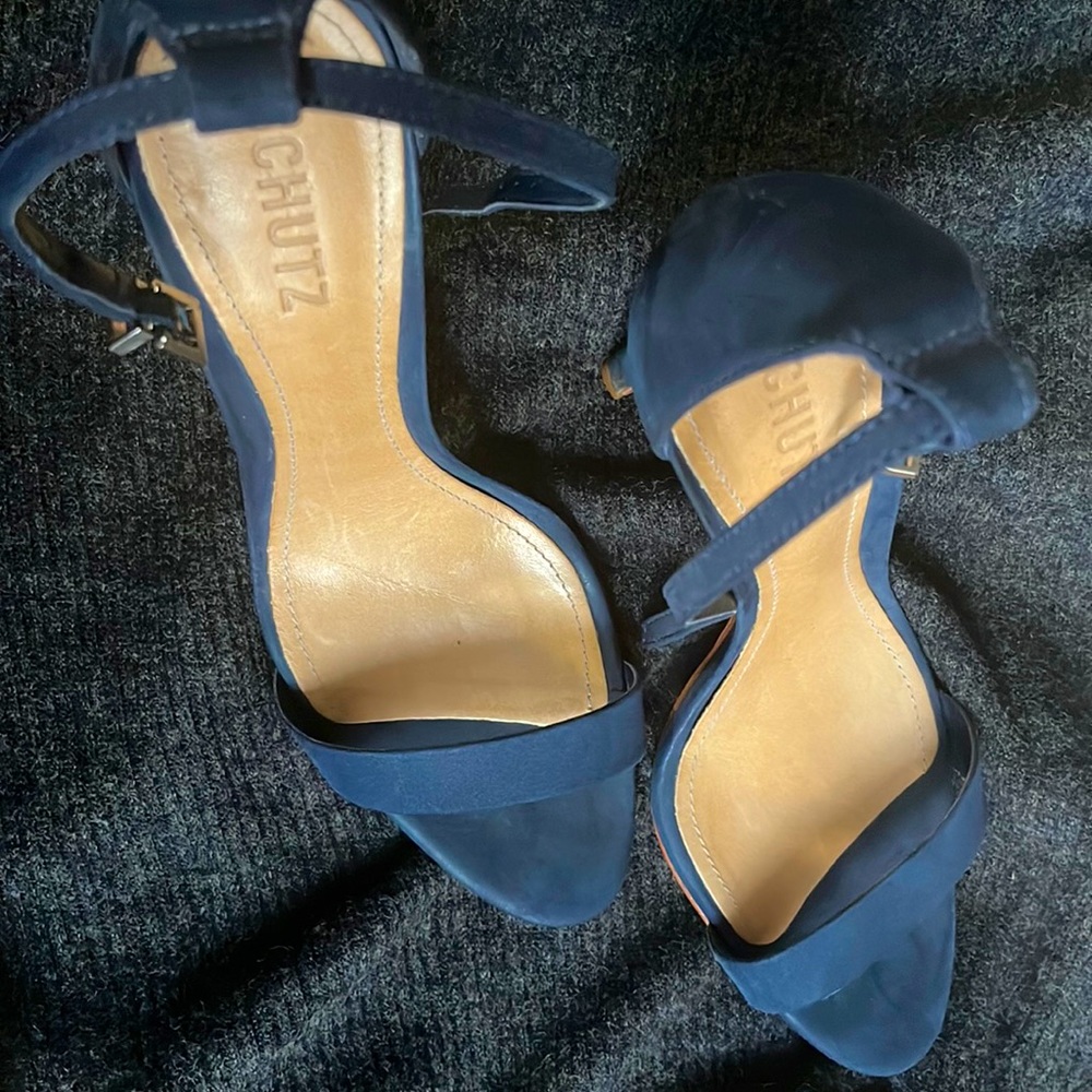 Schutz Cadey Lee Velvelt Navy Blue Heeled Sandals (Well worn)
